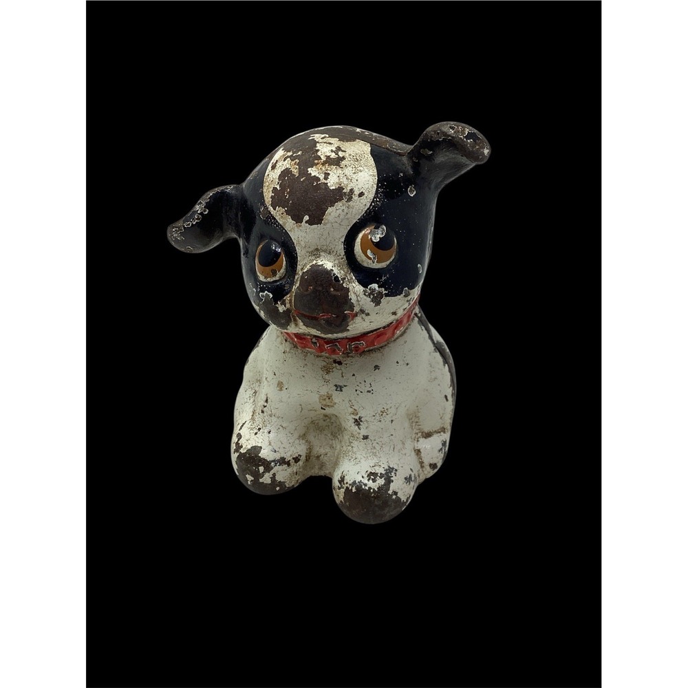 Vtg 1930's Cast Iron Hubley "FIDO" Black And White Puppy Dog Still Coin Bank 5"